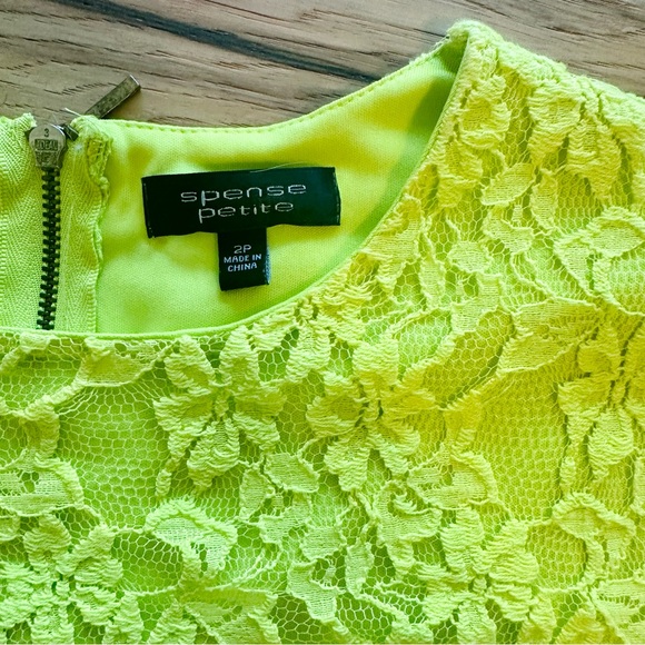 Spence Petite neon green/Citron lace 3/4 sleeve fitted lace midi dress EUC - Picture 12 of 16